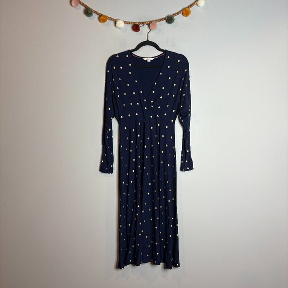 Boden Gemma Jersey Dress Navy Blue Gold metallic polka dots - Picture 2 of 6